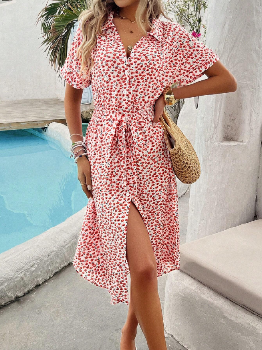 Women's Short Sleeve Floral Print Dress With Knotted Waist