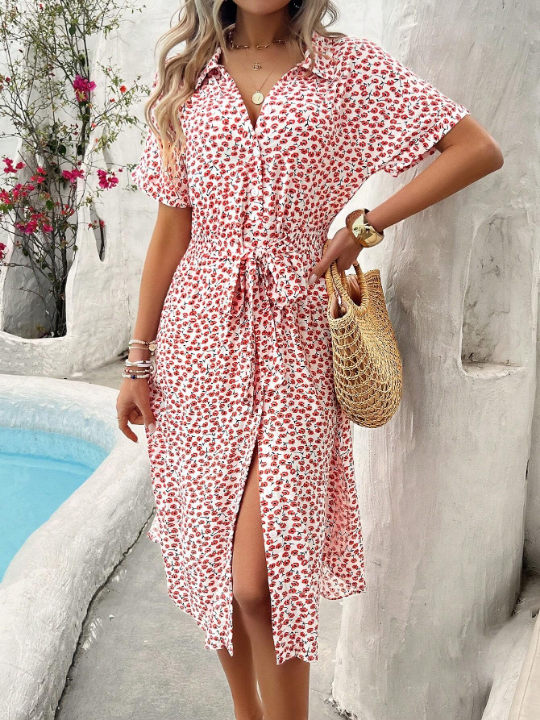 Women's Short Sleeve Floral Print Dress With Knotted Waist