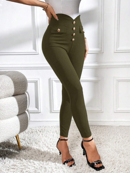 Priv Women's Monochrome Decorative Button Bodycon Long Pants