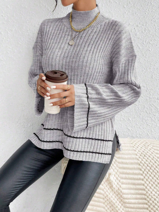 Essnce Color Block High Neck Drop Shoulder Ribbed Knit Sweater