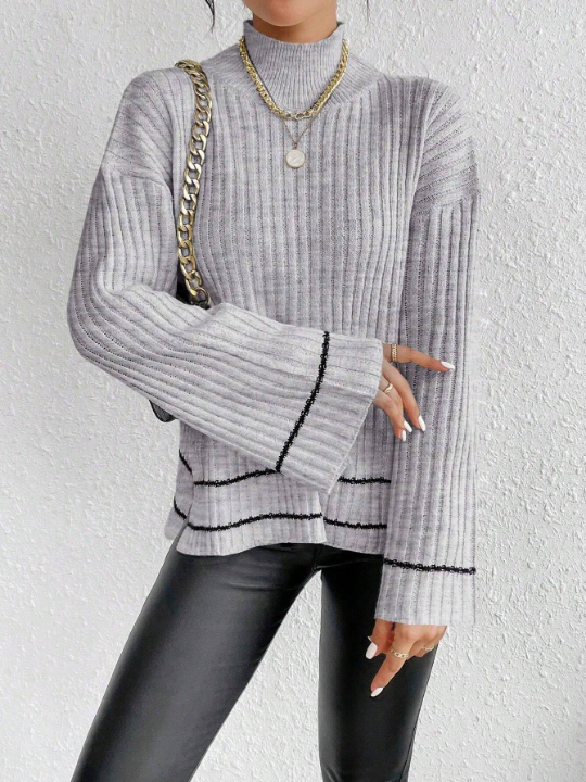 Essnce Color Block High Neck Drop Shoulder Ribbed Knit Sweater