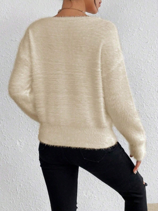 Essnce Solid V-Neck Off-Shoulder Fuzzy Sweater