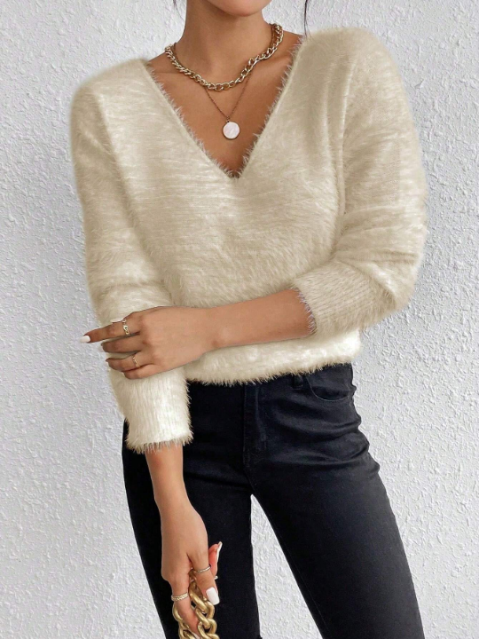 Essnce Solid V-Neck Off-Shoulder Fuzzy Sweater