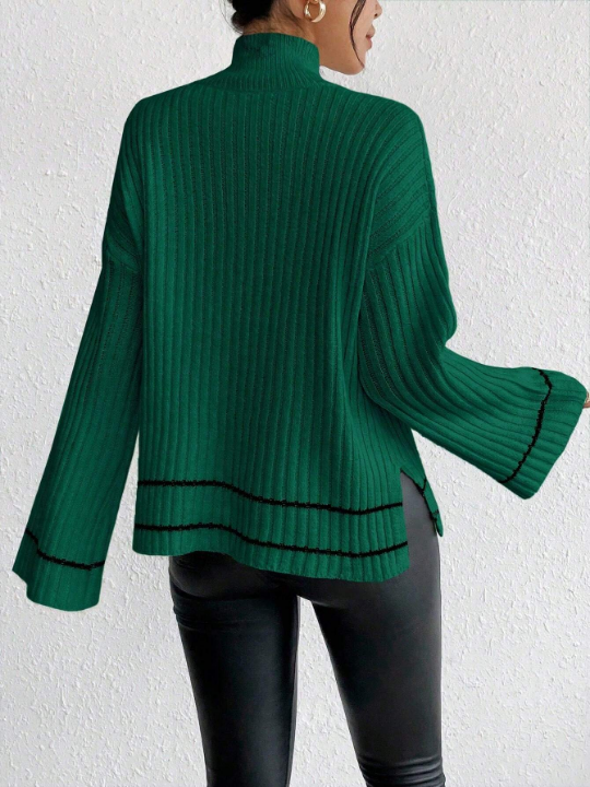 Essnce Color Block Stripe Stand Collar Bell Sleeve Side Slit Sweater