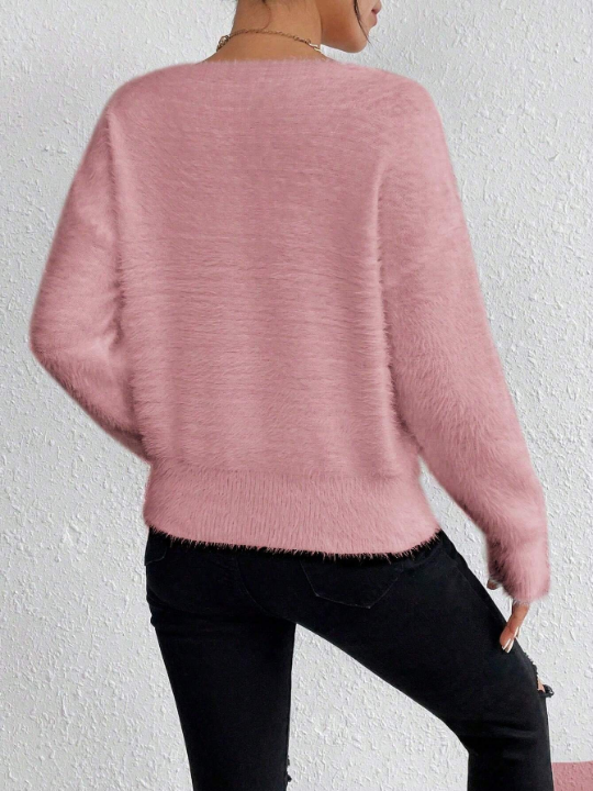 Essnce Solid Color V-Neck Drop Shoulder Plush Knitted Sweater