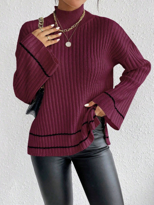 Essnce Women's Stand Collar Drop Shoulder Long Sleeve Sweater Pullover