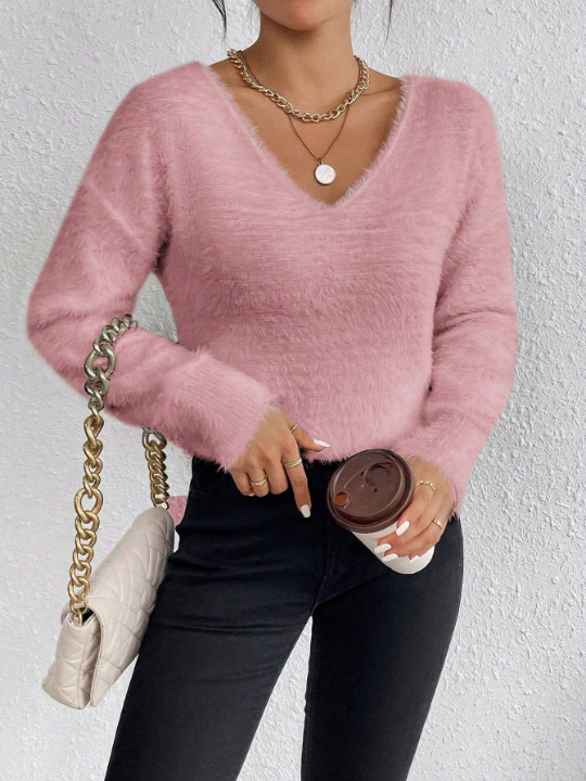 Essnce Solid Color V-Neck Drop Shoulder Plush Knitted Sweater