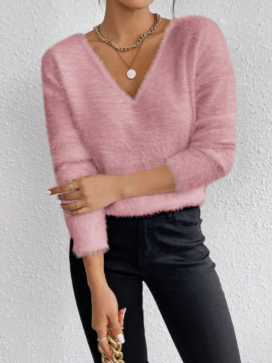 Essnce Solid Color V-Neck Drop Shoulder Plush Knitted Sweater