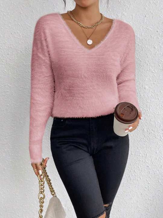 Essnce Solid Color V-Neck Drop Shoulder Plush Knitted Sweater