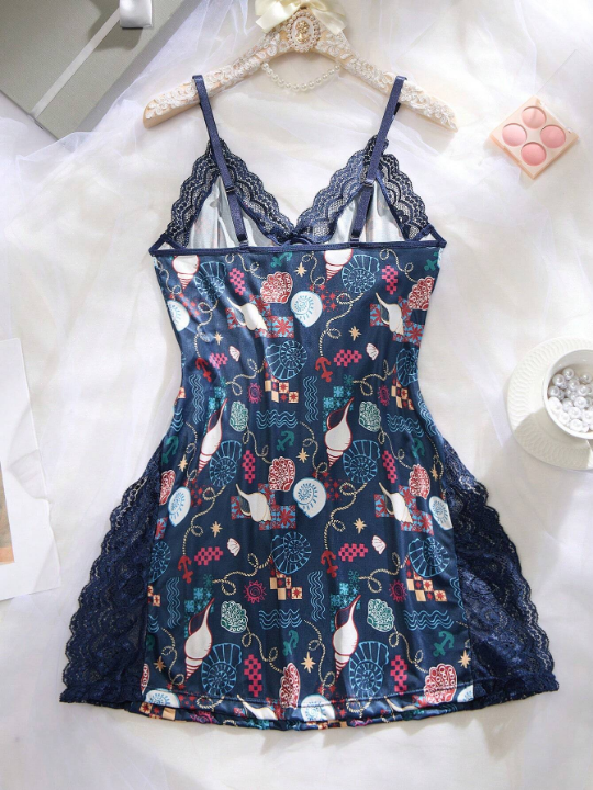 Patchwork Lace Shell Print Cami Sleep Dress