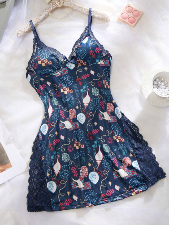 Patchwork Lace Shell Print Cami Sleep Dress