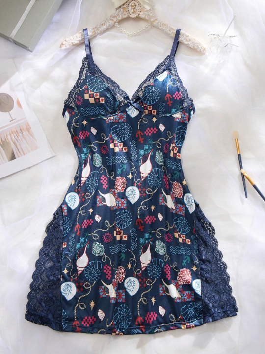 Patchwork Lace Shell Print Cami Sleep Dress