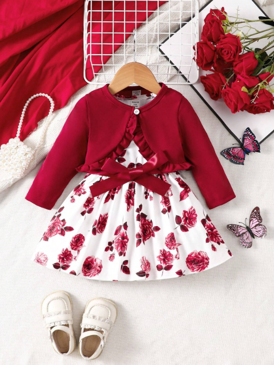 Baby Girls' Set Including Solid Color Top With Ruffle Hem And Floral Print Sleeveless Dress