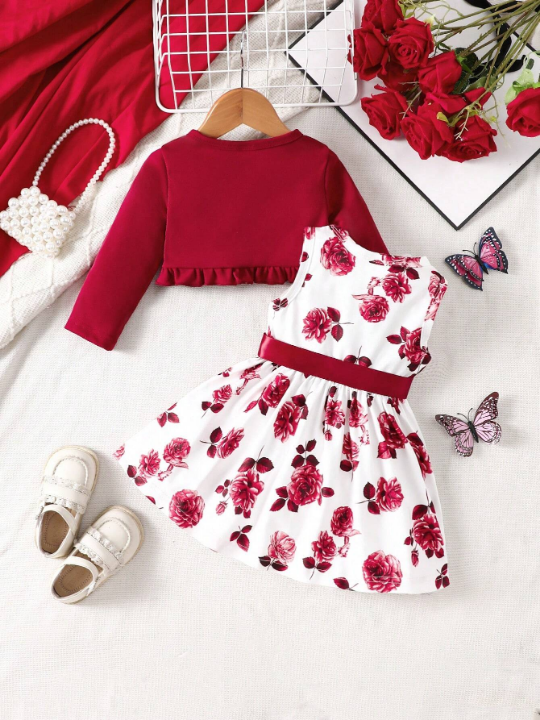 Baby Girls' Set Including Solid Color Top With Ruffle Hem And Floral Print Sleeveless Dress