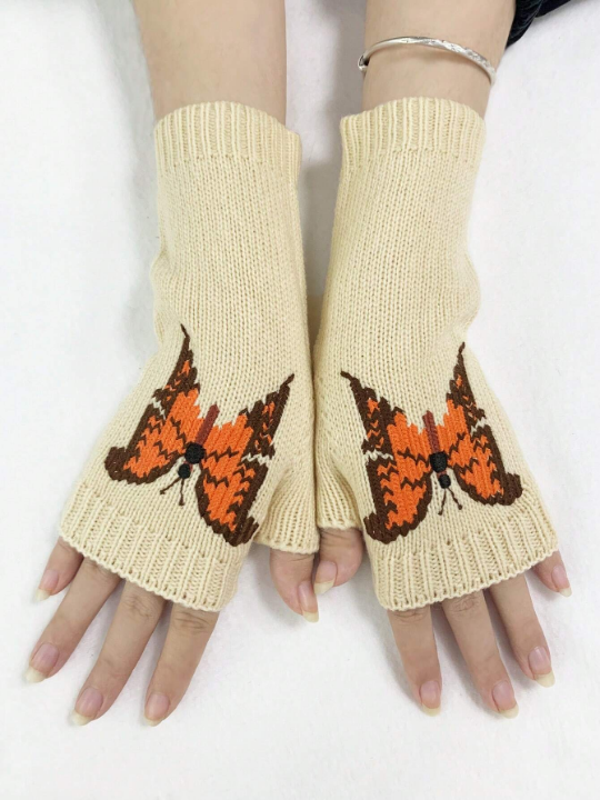 1 Pair Women's Orange Butterfly Decor Knitted Half Finger Wool Gloves For Daily Use In Spring And Autumn