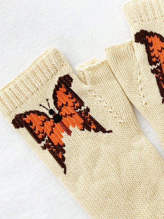 1 Pair Women's Orange Butterfly Decor Knitted Half Finger Wool Gloves For Daily Use In Spring And Autumn