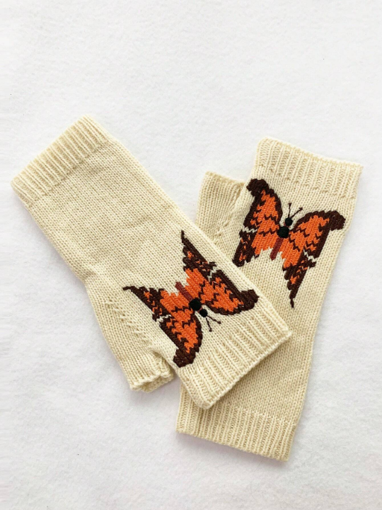 1 Pair Women's Orange Butterfly Decor Knitted Half Finger Wool Gloves For Daily Use In Spring And Autumn