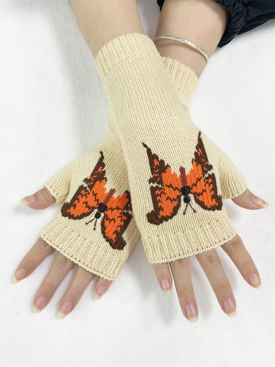 1 Pair Women's Orange Butterfly Decor Knitted Half Finger Wool Gloves For Daily Use In Spring And Autumn