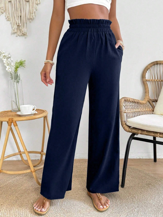 PETITE Solid Color Paper Bag Waist Wide Leg Pants With Slant Pockets