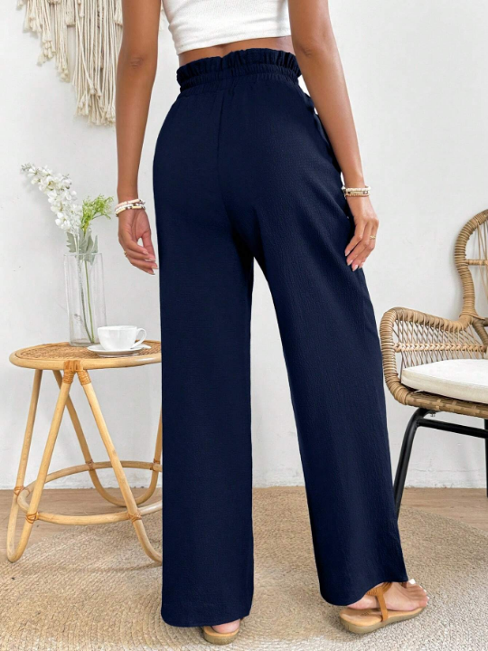 PETITE Solid Color Paper Bag Waist Wide Leg Pants With Slant Pockets