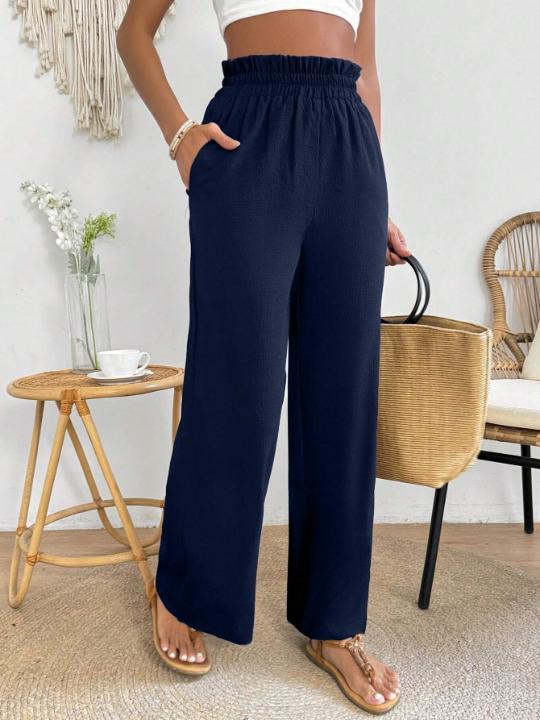 PETITE Solid Color Paper Bag Waist Wide Leg Pants With Slant Pockets