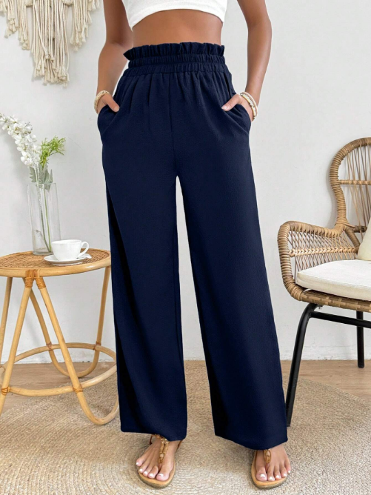 PETITE Solid Color Paper Bag Waist Wide Leg Pants With Slant Pockets