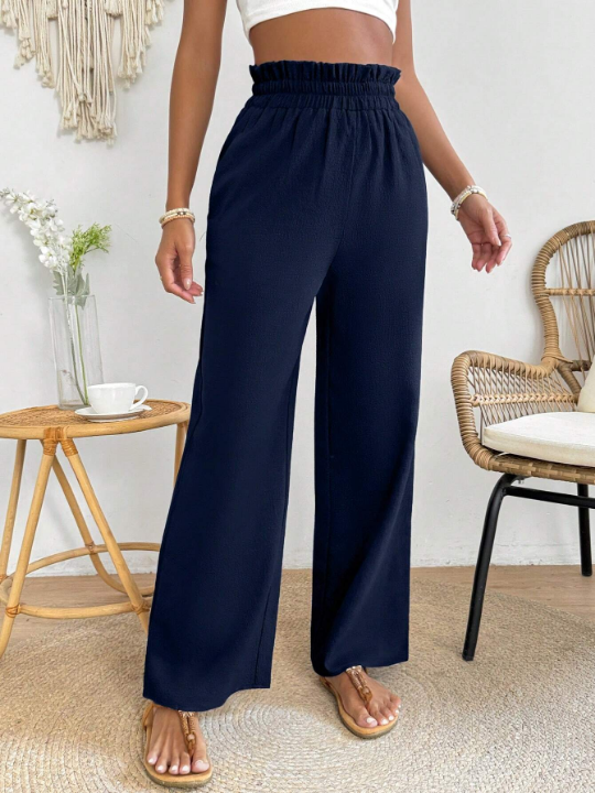 PETITE Solid Color Paper Bag Waist Wide Leg Pants With Slant Pockets