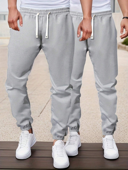 Men's 2pcs/Set Spring/Summer Fashionable Solid Color Casual Pants With Pockets And Elastic Drawstring Waistband