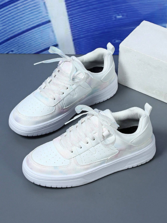 Women's White & Iridescent Material Mix Sports Skate Shoes, Casual Low-Top Street Walking Shoes