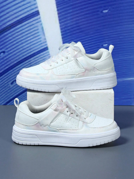 Women's White & Iridescent Material Mix Sports Skate Shoes, Casual Low-Top Street Walking Shoes