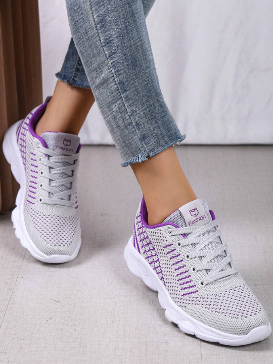 Women's Sports Style Breathable Lace Floral Striped Front Lace-Up Running Shoes Lightweight Breathable Casual Shoes