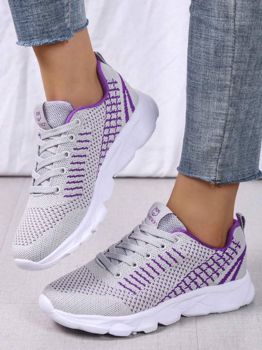 Women's Sports Style Breathable Lace Floral Striped Front Lace-Up Running Shoes Lightweight Breathable Casual Shoes