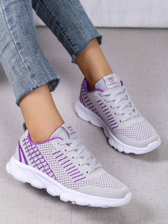 Women's Sports Style Breathable Lace Floral Striped Front Lace-Up Running Shoes Lightweight Breathable Casual Shoes