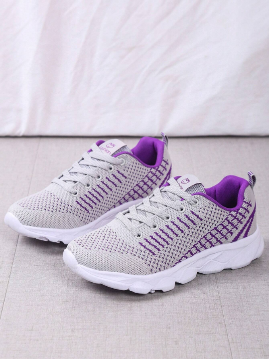 Women's Sports Style Breathable Lace Floral Striped Front Lace-Up Running Shoes Lightweight Breathable Casual Shoes