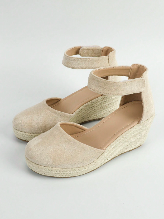 Fashionable Beige Suede Buckle Strap Sandals With Wedge Heels For Women