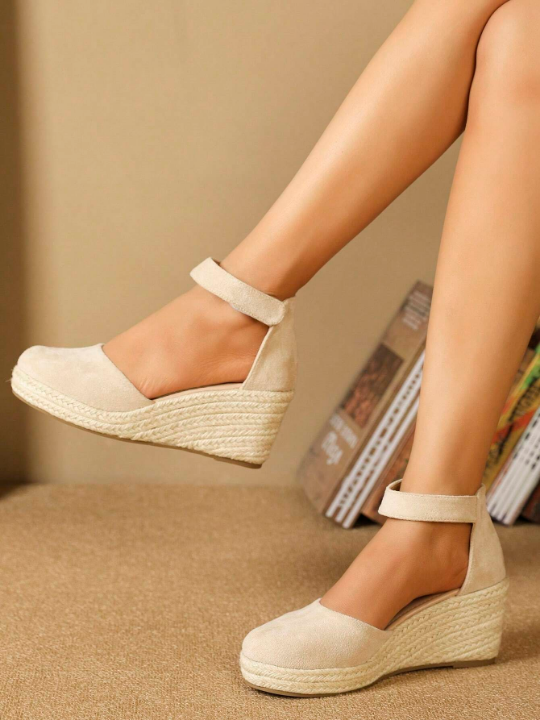 Fashionable Beige Suede Buckle Strap Sandals With Wedge Heels For Women