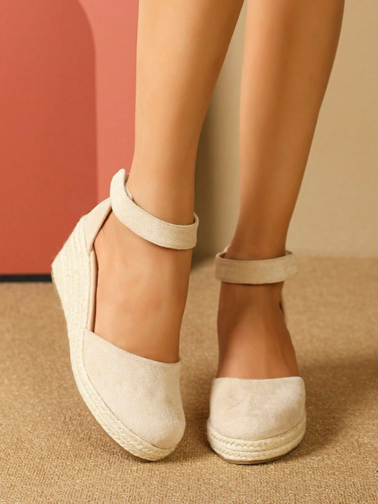 Fashionable Beige Suede Buckle Strap Sandals With Wedge Heels For Women