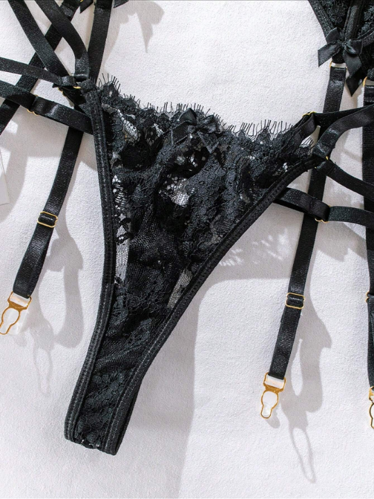 Lace Eyelash & Mesh Splicing Bow Decor See Through Sexy Lingerie Set