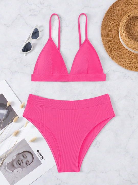 Swim Basics V-Neck Wireless Bikini Set, Ribbed Two Piece Swimsuit Bathing Suit Beach Outfit Summer Vacation