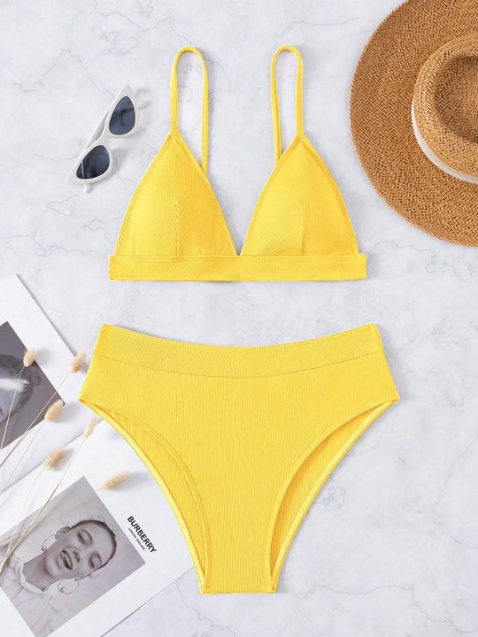 Swim Basics Solid Color Two Piece Swimsuit Set, Ribbed Bikini Swimwear Bathing Suit Beach Outfit Summer Vacation