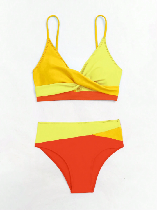 Swim Vcay Color Block Splice Separated Swimsuit Set, High Waisted Two Piece Bikini Swimwear Bathing Suit Beach Outfit Summer Vacation