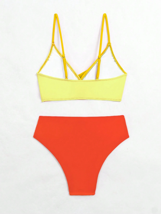 Swim Vcay Color Block Splice Separated Swimsuit Set, High Waisted Two Piece Bikini Swimwear Bathing Suit Beach Outfit Summer Vacation