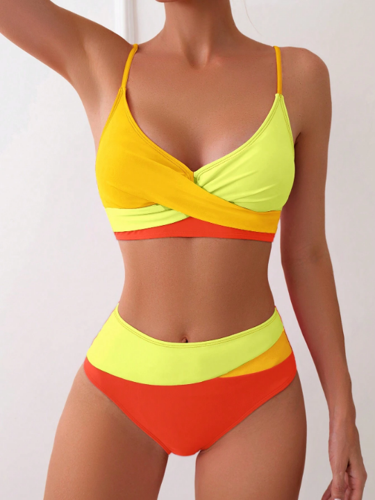 Swim Vcay Color Block Splice Separated Swimsuit Set, High Waisted Two Piece Bikini Swimwear Bathing Suit Beach Outfit Summer Vacation