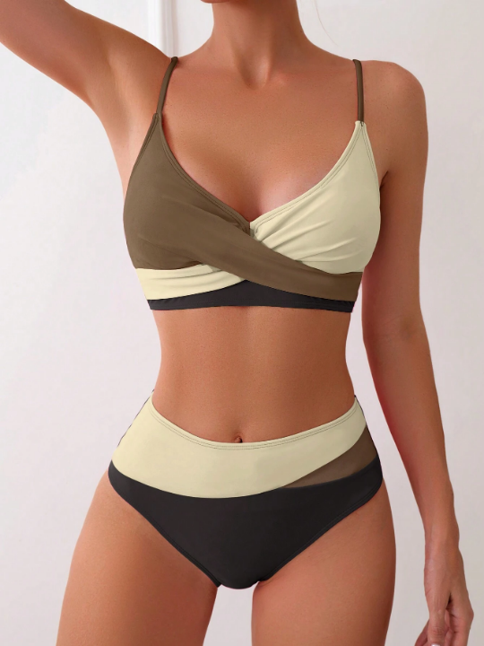 Swim Vcay Color Block Cross Wrap High Waisted Bikini Swimsuit