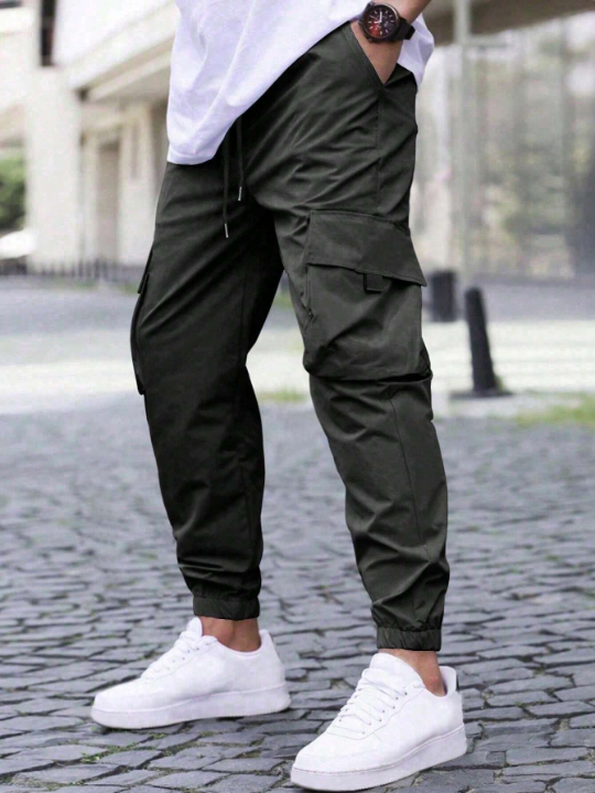 Manfinity Homme Men's Loose Fit Cargo Pants With Flap Pockets And Drawstring Waist