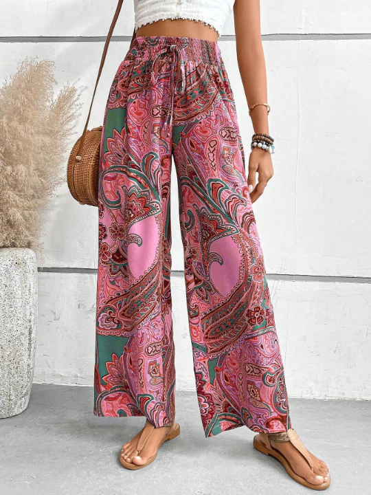 LUNE Women's Cashew Print High Waist Drawstring Tie Long Pants