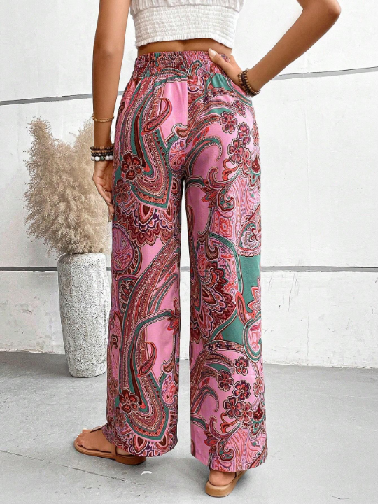 LUNE Women's Cashew Print High Waist Drawstring Tie Long Pants