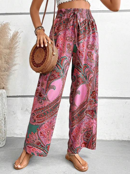 LUNE Women's Cashew Print High Waist Drawstring Tie Long Pants