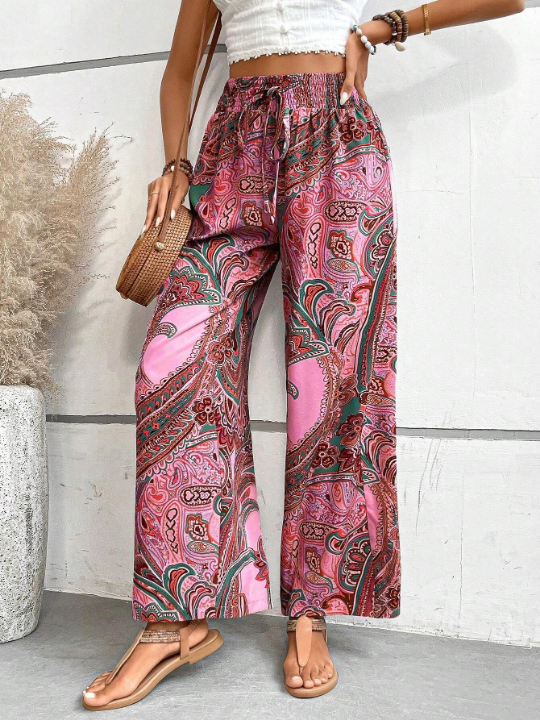 LUNE Women's Cashew Print High Waist Drawstring Tie Long Pants