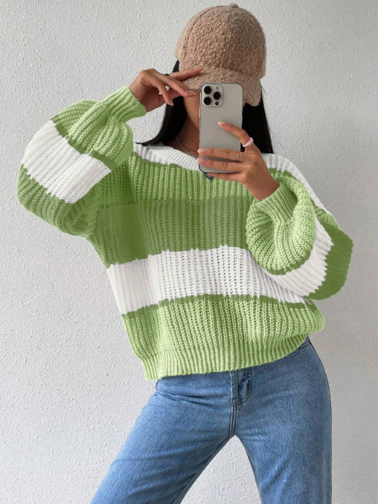 Essnce Women's Casual Striped Sweater With O-Neckline For Spring And Autumn